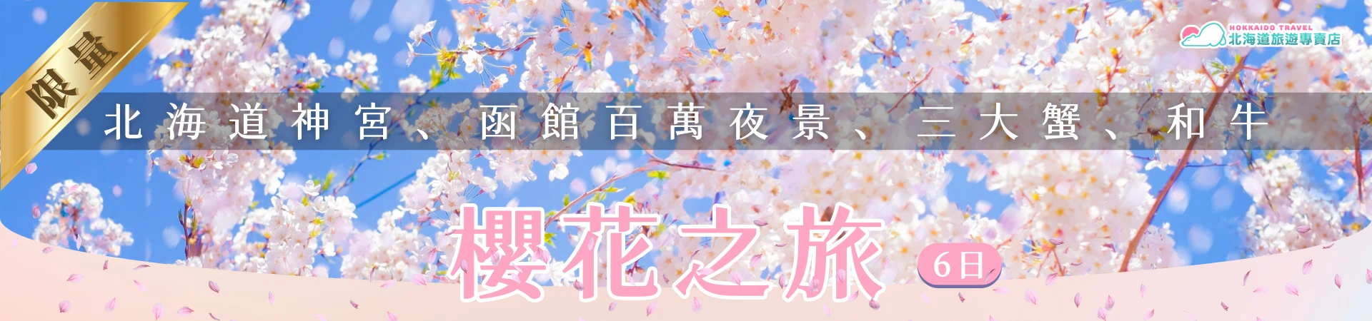 該圖片為北海道櫻花主題的旅遊橫幅設計，畫面中粉白色櫻花在藍天背景下綻放，櫻花枝條延伸形成春季景觀。中央橫幅標示「北海道神宮、函館百萬夜景、三大蟹、和牛」等行程亮點，下方以大型字樣呈現「櫻花之旅6日」。左上角以金色緞帶標示「限量」，右上角為北海道旅遊專賣店品牌標誌，整體畫面營造北海道春季賞櫻旅行的季節氛圍。