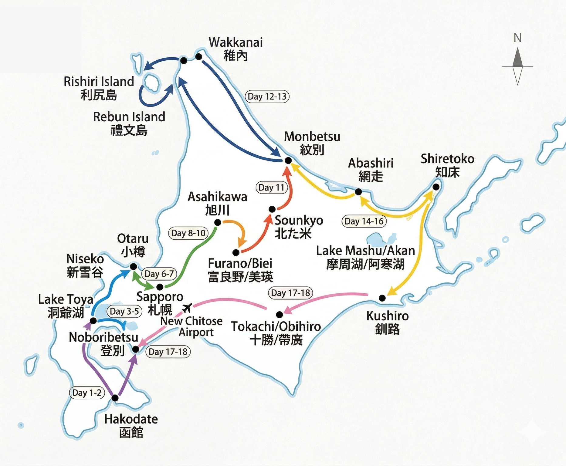 北海道全境楓葉大縱貫18日行程地圖